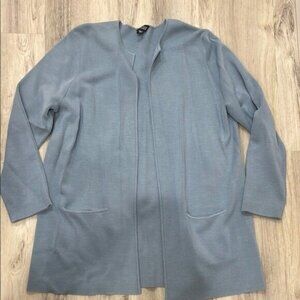 Eileen Fisher blue silk blend open front cardigan small stain